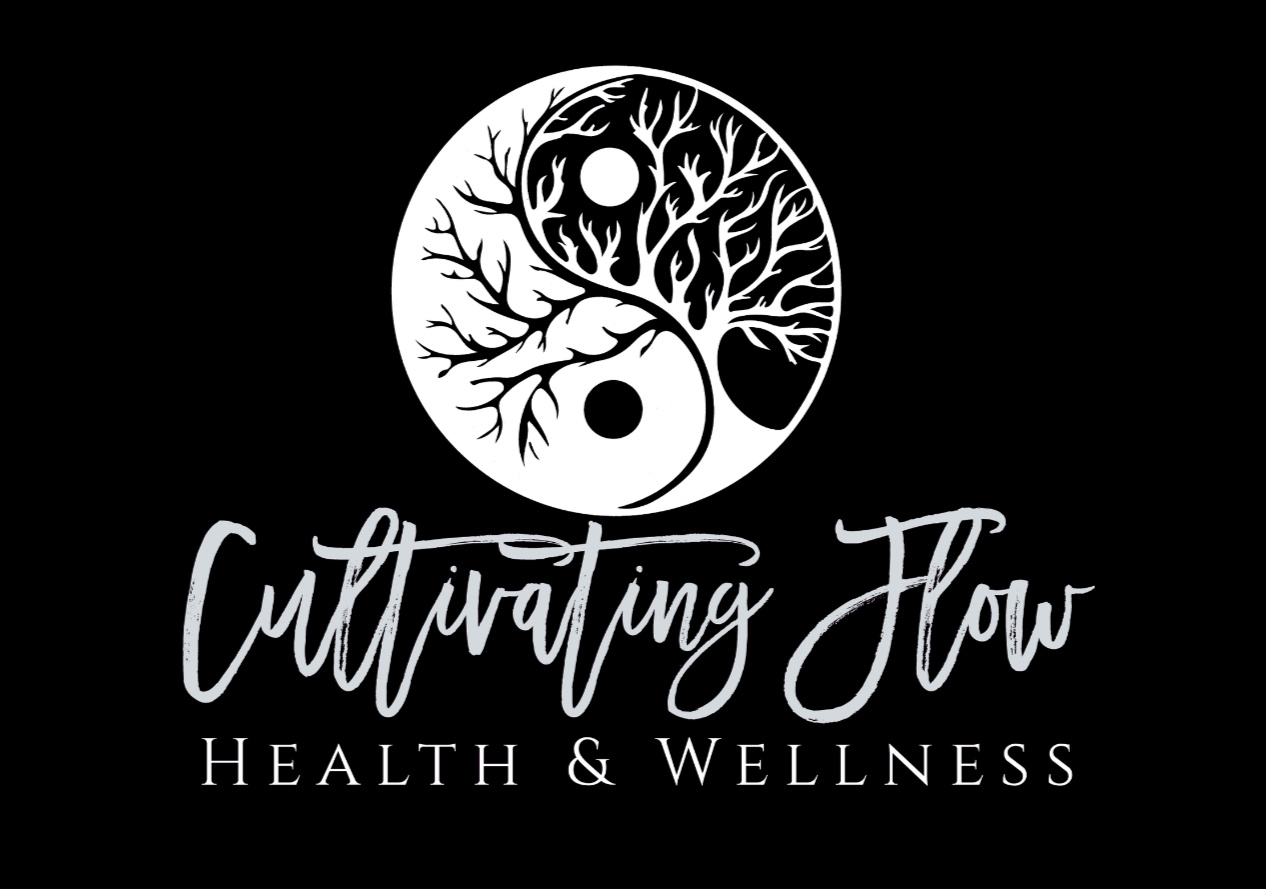 Cultivating Flow logo featuring a yin yang tree symbolizing balance, healing, and personal growth